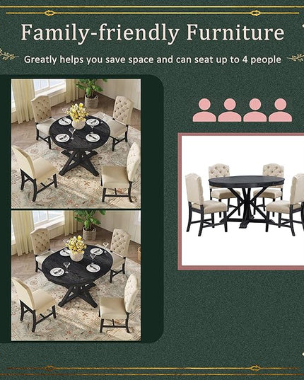 Small Dining Table Set for 4-6, Modern Round Extendable Table and Upholstered Chairs, X-Shaped Cross Base, Button Tufting Backrest, Retro Style Home Furniture for Small Spaces, Living Room - LeafyLoom