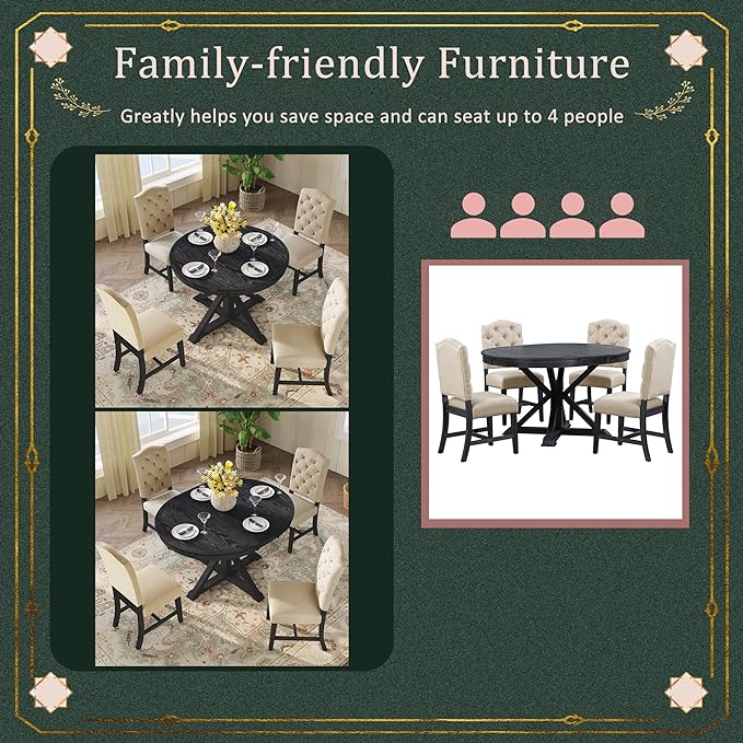 Small Dining Table Set for 4-6, Modern Round Extendable Table and Upholstered Chairs, X-Shaped Cross Base, Button Tufting Backrest, Retro Style Home Furniture for Small Spaces, Living Room - LeafyLoom