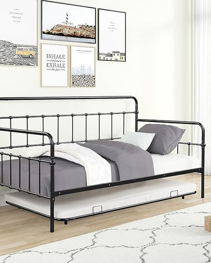 Twin Size Bed W/Slats,Metal Frame Daybed with Trundle and Anti-Noise Design,Space-Saving & Easy to Install,for Living Room Bedroom Apartment,Black - LeafyLoom