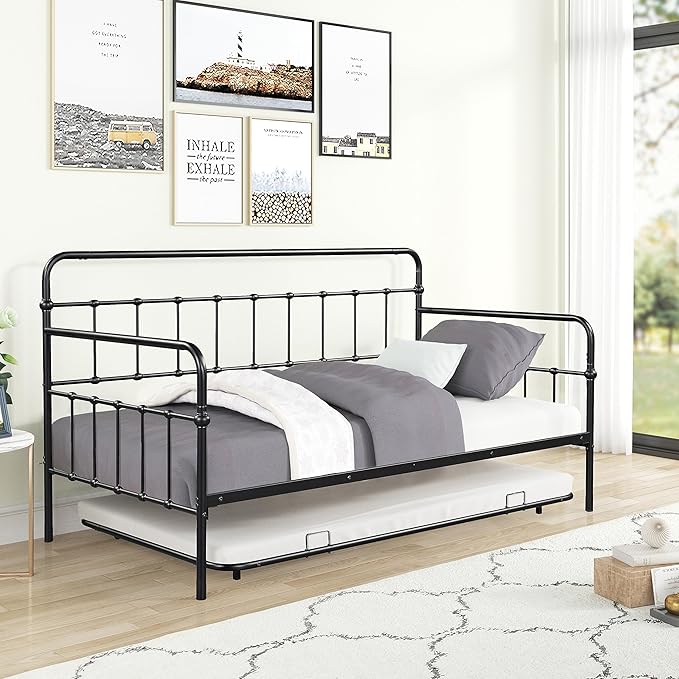 Twin Size Bed W/Slats,Metal Frame Daybed with Trundle and Anti-Noise Design,Space-Saving & Easy to Install,for Living Room Bedroom Apartment,Black - LeafyLoom