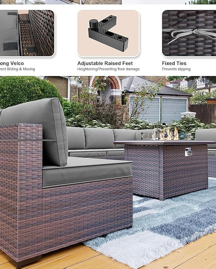 Kullavik 13 Pieces Outdoor Patio Furniture Set with 43" 55000BTU Gas Propane Fire Pit Table PE Wicker Rattan Sectional Sofa Patio Conversation Sets,Grey - LeafyLoom