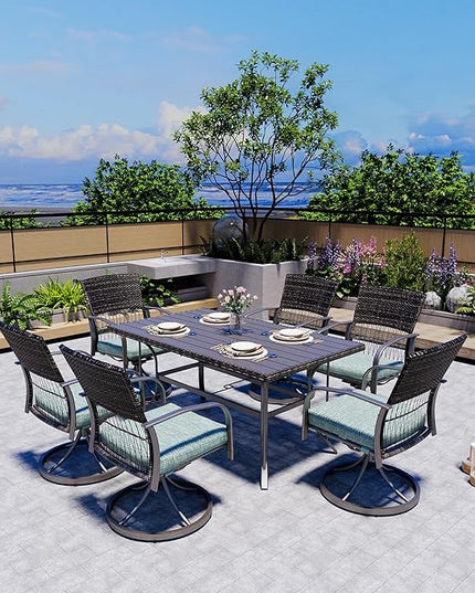 Pamapic 7 Piece Patio Dining Set for 6,Outdoor Wicker Furniture Set for Backyard Garden Deck Poolside with 6 Cushions Swivel Rocker Chairs,Iron Slats Table Top, Removable Cushions(Green) - LeafyLoom