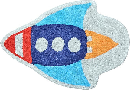 Hand Tufted Space Rocket Ship Bedroom or Bathroom Rug - 30x20 in; 100% Cotton Kids Bathroom Mat; Decorative Kids Area Rug - LeafyLoom