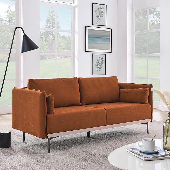 Modern Linen Upholstered 3-Seat Sofa Couch with Stainless Steel Trim and Metal Legs for Living Room, 2 Pillows Included, 72.83", Orange-119 - LeafyLoom