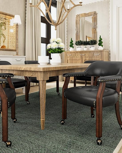 Large Dining Chairs with Casters and Arms, Rolling Dining Chairs with Wheels, Accent Game Chairs Boss Caption's Chairs, 26" D x 25.2" W x 31.5" H, Cherry Legs & Black SY-1533-BK - LeafyLoom