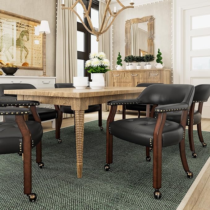 Large Dining Chairs with Casters and Arms, Rolling Dining Chairs with Wheels, Accent Game Chairs Boss Caption's Chairs, 26" D x 25.2" W x 31.5" H, Cherry Legs & Black SY-1533-BK - LeafyLoom