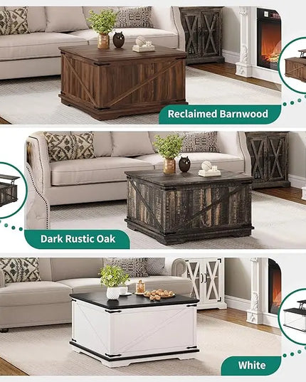 YITAHOME Farmhouse Lift Top Coffee Table, Square Wood Center Table with Large Hidden Storage Compartment for Living Room, Rustic Cocktail Table with Lift Top for Home Office,White - LeafyLoom
