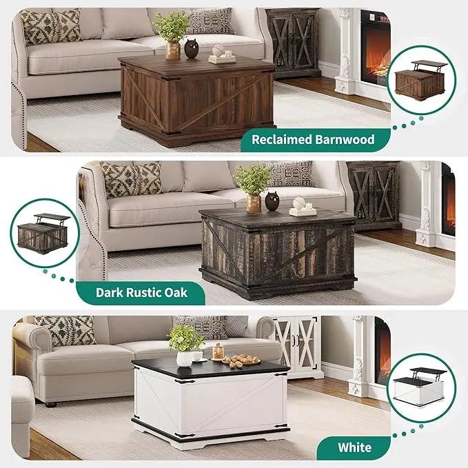 YITAHOME Farmhouse Lift Top Coffee Table, Square Wood Center Table with Large Hidden Storage Compartment for Living Room, Rustic Cocktail Table with Lift Top for Home Office,White - LeafyLoom