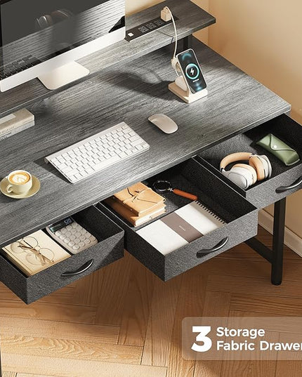 47 inch Computer Desk with 3 Drawers, Office Desk Gaming Desk with LED Lights & Power Outlets, Home Office Desks with Storage Space for Bedroom, Work from Home, Gray - LeafyLoom
