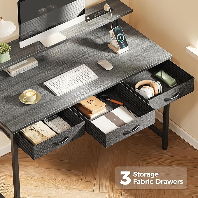 47 inch Computer Desk with 3 Drawers, Office Desk Gaming Desk with LED Lights & Power Outlets, Home Office Desks with Storage Space for Bedroom, Work from Home, Gray - LeafyLoom