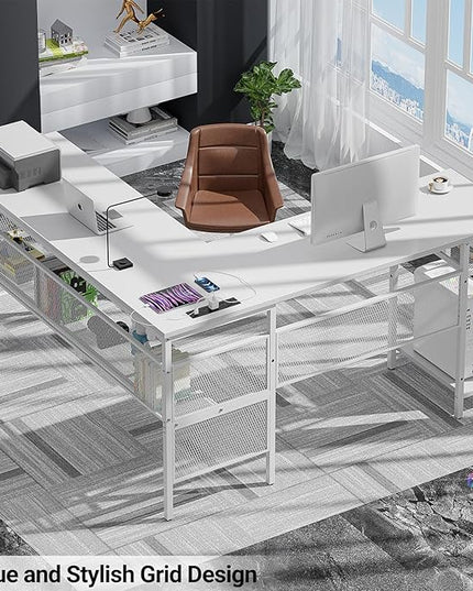 Reversible L Shaped Computer Desk Power Outlets and USB Ports, Large Corner Desk, Sturdy Home Office Gaming Table with Storage, Unique Grid Design Writing Desk, Easy to Assemble, Pure White - LeafyLoom