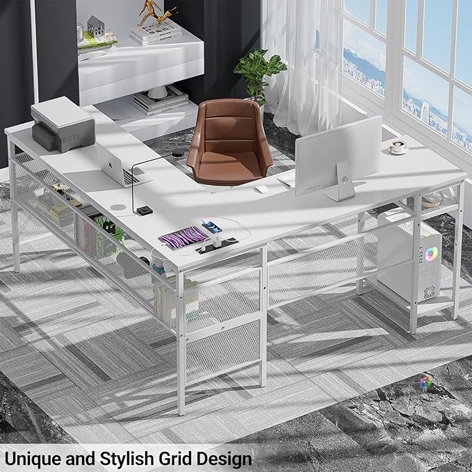 Reversible L Shaped Computer Desk Power Outlets and USB Ports, Large Corner Desk, Sturdy Home Office Gaming Table with Storage, Unique Grid Design Writing Desk, Easy to Assemble, Pure White - LeafyLoom