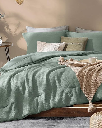 Sage Green Queen Comforter Set, 3 Piece Crinkle Design Summer Beddding Queen Size, Minimalist Queen Bed Set with Modern Green Comforter & Shams (Queen, 90"x90") - LeafyLoom