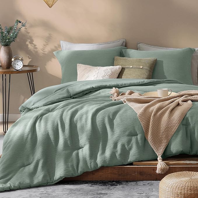 Sage Green Queen Comforter Set, 3 Piece Crinkle Design Summer Beddding Queen Size, Minimalist Queen Bed Set with Modern Green Comforter & Shams (Queen, 90"x90") - LeafyLoom