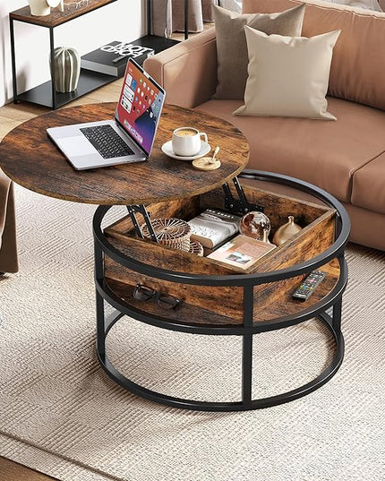 YITAHOME Round Lift Top Coffee Table, Coffee Tables for Living Room with Hidden Storage Compartment, Modern Coffee Table with Storage for Home Office,Round Center Tables Living Room,Rustic Brown - LeafyLoom
