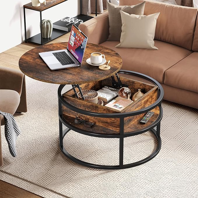 YITAHOME Round Lift Top Coffee Table, Coffee Tables for Living Room with Hidden Storage Compartment, Modern Coffee Table with Storage for Home Office,Round Center Tables Living Room,Rustic Brown - LeafyLoom
