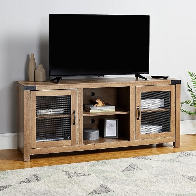 ROCKPOINT 58inch TV Stand Entertaiment Media Console Center Industrial Style Door, Dark Oak - LeafyLoom