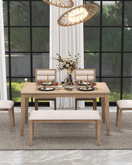 Dining Table Set for 6, Classic and Traditional Style 6-Piece Dining Room Table Set with Backrest, Kitchen Table with 4 Upholstered Chairs & Bench, Natural Wood Wash - LeafyLoom