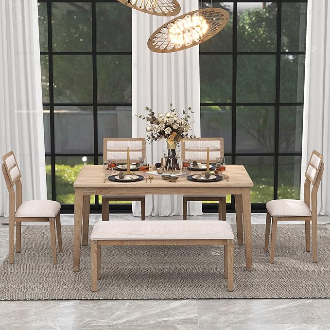 Dining Table Set for 6, Classic and Traditional Style 6-Piece Dining Room Table Set with Backrest, Kitchen Table with 4 Upholstered Chairs & Bench, Natural Wood Wash - LeafyLoom