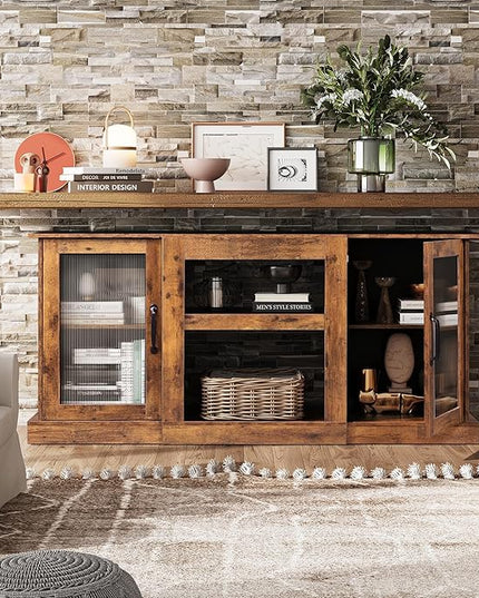 WLIVE TV Stand for 65 Inch TV, Retro Entertainment Center with Glass Cabinet Doors, 58" TV Stands for Living Room and Bedroom, Vintage Television Console, Rustic Brown - LeafyLoom