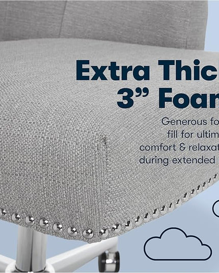 Serta Leighton Modern Office Chair, Stylish Mid-Back Desk Chair, Rivet Detail, Serta Quality Memory Foam, Armchair with Wheels, Vanity Chair, Swivel Chrome Metal Base, Twill Fabric, Light Gray - LeafyLoom