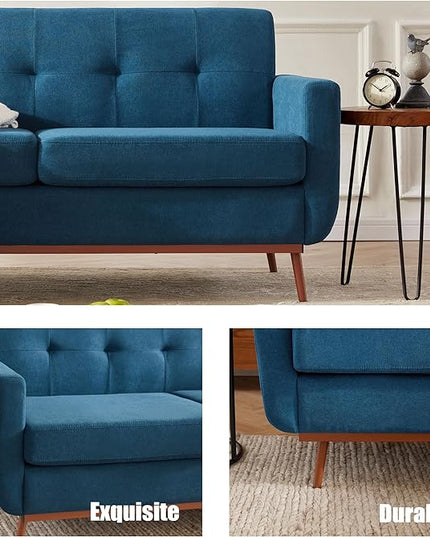 65" Loveseat Sofa, Mid Century Modern Love Seat Couches for Living Room, Comfy Upholstered Sofa Couch for Bedroom, Tufted Design 2 Seater Love Seat Sofa for Small Spaces (Linen-Blue) - LeafyLoom