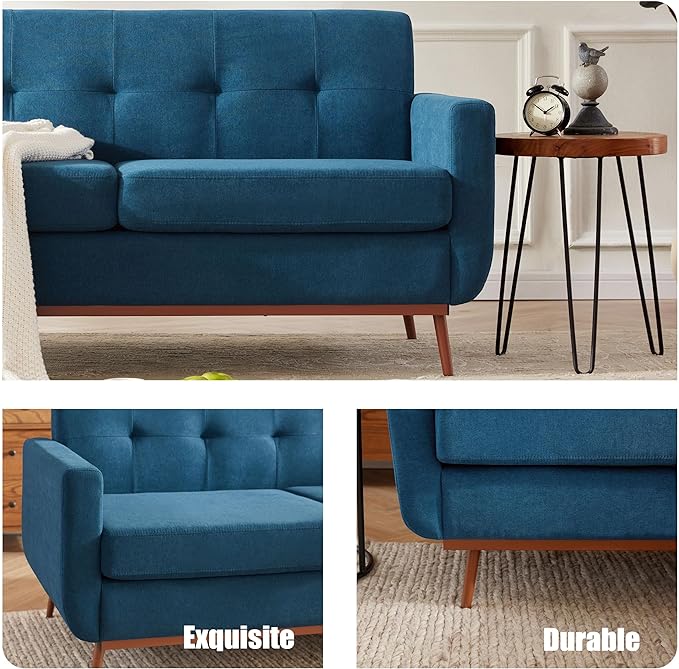 65" Loveseat Sofa, Mid Century Modern Love Seat Couches for Living Room, Comfy Upholstered Sofa Couch for Bedroom, Tufted Design 2 Seater Love Seat Sofa for Small Spaces (Linen-Blue) - LeafyLoom