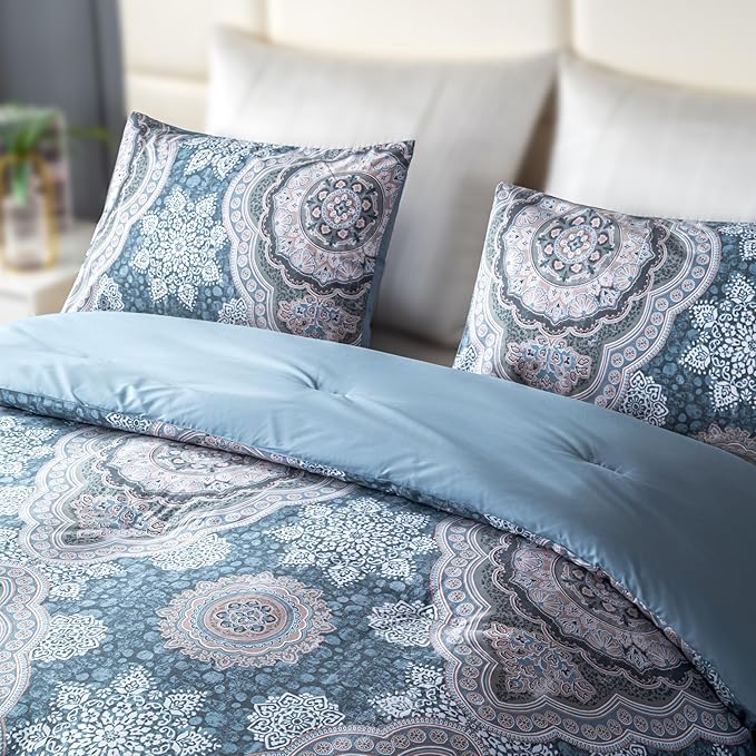 Sophia & William King Size Comforter Set for All Season, 3 Pcs Bedding Set with Foggy Blue Printed Comforter with & 2 Pillowcases - LeafyLoom