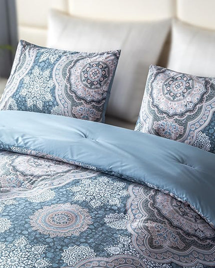 Sophia & William Queen Size Comforter Set for All Season, 3 Pcs Bedding Set with Foggy Blue Printed Comforter with & 2 Pillowcases - LeafyLoom