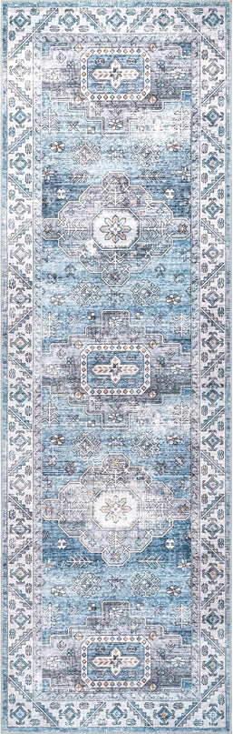 nuLOOM Eva Machine Washable Vintage Faded Medallion Ultra Thin Runner Rug, 2' 6" x 8', Blue - LeafyLoom