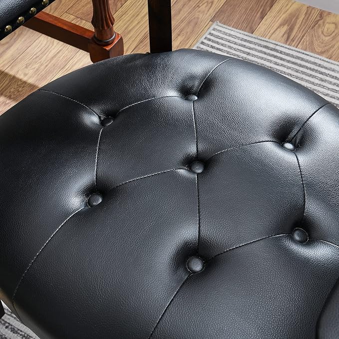 Large Dining Chairs with Casters and Arms, Rolling Dining Chairs with Wheels, Accent Game Poker Chairs, Boss Caption's Chairs, 26" D x 25.2" W x 31.5" H, Espresso Legs & Black PU, SY-318-BK - LeafyLoom