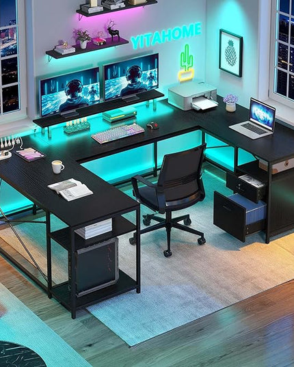 YITAHOME U Shaped Desk with Power Outlets & LED Lights, 79" Reversible L Shaped Desk with Drawers, Corner Computer Desk Office Desk with Monitor Stand & Storage Shelves, Black - LeafyLoom