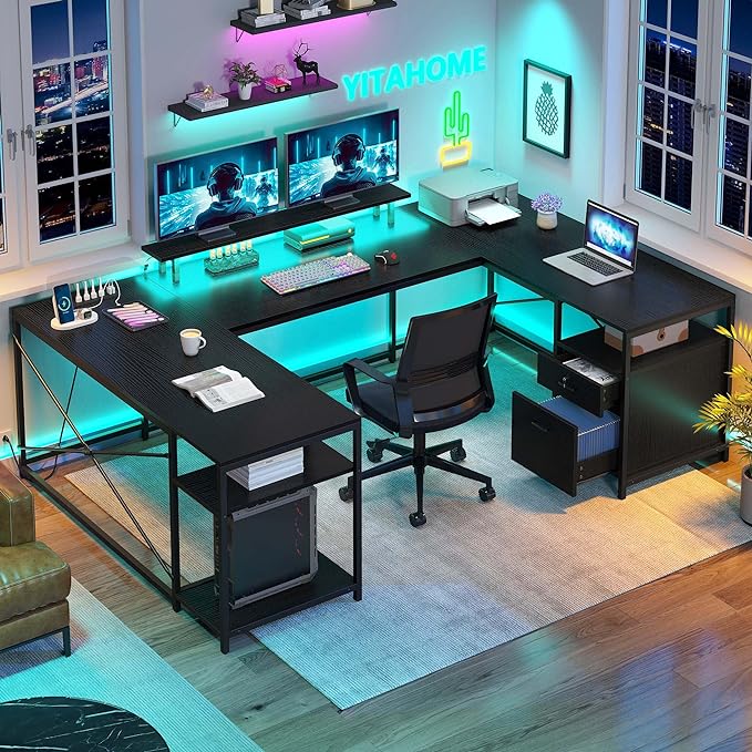 YITAHOME U Shaped Desk with Power Outlets & LED Lights, 79" Reversible L Shaped Desk with Drawers, Corner Computer Desk Office Desk with Monitor Stand & Storage Shelves, Black - LeafyLoom