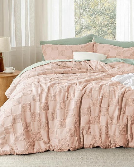 Bedsure Twin/Twin XL Comforter Set Beige, Boho Tufted Bedding Comforter Set, Checkered Farmhouse Shabby Chic Bed Set, 2 Pieces, 1 Plaid Geometric Comforter and 1 Pillow Sham - LeafyLoom