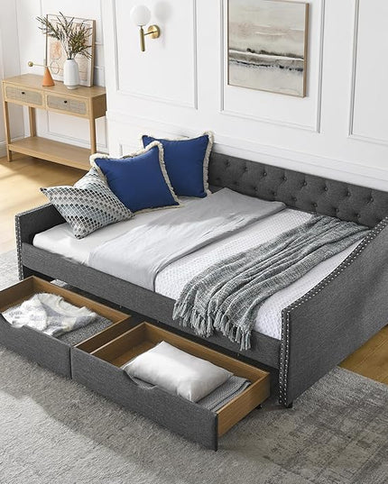 Full Size Daybed with Two Storage Drawers, Linen Upholstered Tufted Sofa Bed w/Button on Back and Copper Nail on Waved Shape Arms, for Bedroom Living Room, No Box Spring Needed, Dark Grey - LeafyLoom