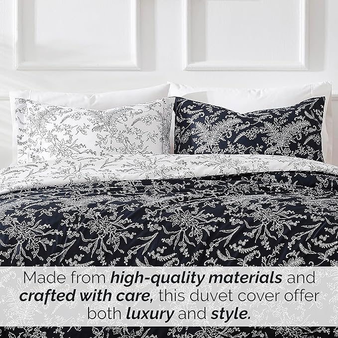 Southshore Fine Living, Inc. Twin Comforter Bedding Set, Down Alternative Floral Comforter with Matching Sham for Twin and Twin XL Beds, Reversible Print is 2 Colors in 1, Winter Brush Black/White - LeafyLoom