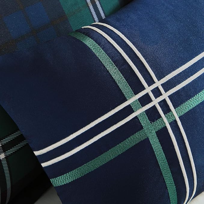 MI ZONE Cozy Comforter Set Cabin Lifestyle Plaid Design All Season Bedding Matching Shams, Decorative Pillow, Twin/Twin XL, Brody Blue 3 Piece, Green/Navy - LeafyLoom