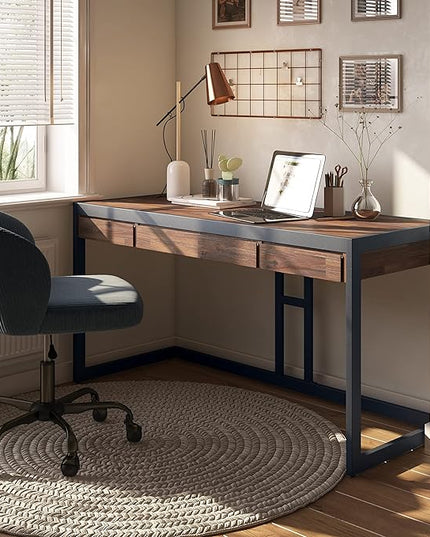 SIMPLIHOME Erina SOLID WOOD and Metal Modern Industrial 60 inch Wide Home Office Desk, Writing Table, Workstation, Study Table Furniture in Distressed Charcoal Brown with 2 Drawers - LeafyLoom