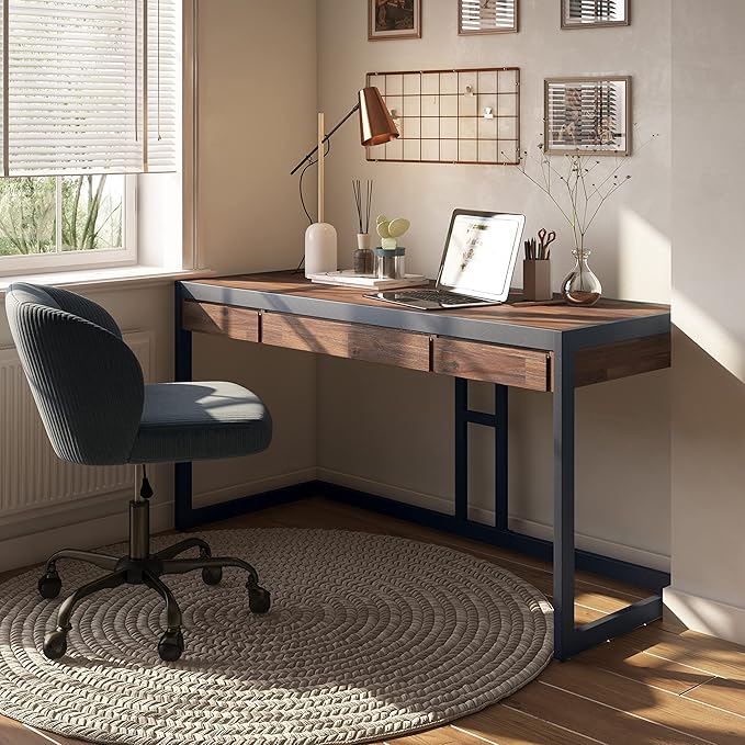 SIMPLIHOME Erina SOLID WOOD and Metal Modern Industrial 60 inch Wide Home Office Desk, Writing Table, Workstation, Study Table Furniture in Distressed Charcoal Brown with 2 Drawers - LeafyLoom