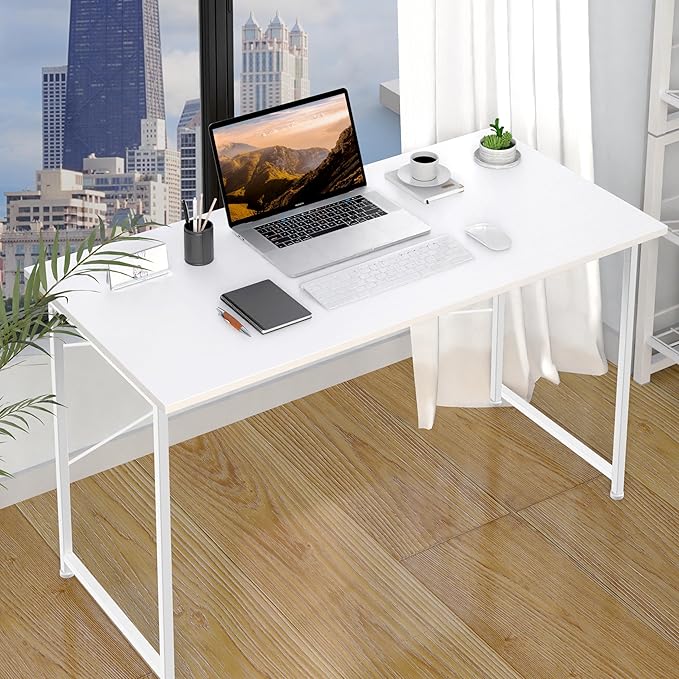 YSSOA Computer Desk Home Office Work Study Writing Modern Simple Table with Headphone Hooks, 47 Inch, Basic White - LeafyLoom