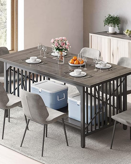 DWVO 70.8" Large Kitchen Dining Table for 6-8 People, Farmhouse Industrial Kitchen Table with Storage, Rectangle Apartment Rustic Dinning Room Dinette Tables for Eating Dinner - LeafyLoom