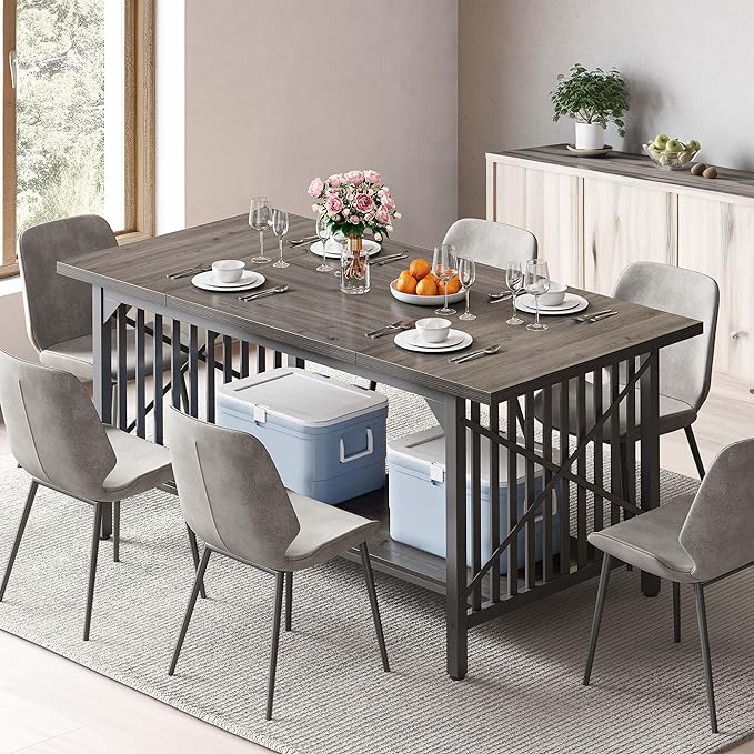 DWVO 70.8" Large Kitchen Dining Table for 6-8 People, Farmhouse Industrial Kitchen Table with Storage, Rectangle Apartment Rustic Dinning Room Dinette Tables for Eating Dinner - LeafyLoom