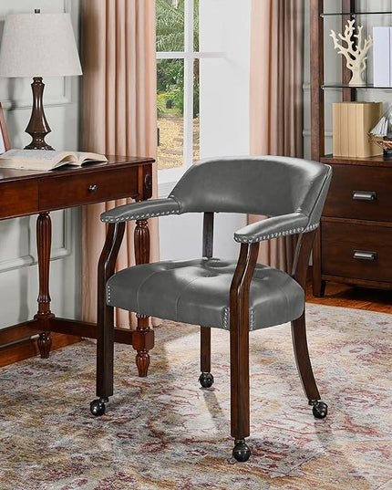Dining Chairs with Casters and Arms, Rolling Dining Chairs with Wheels, Game Poker Table Chairs, Solid Wood Boss Caption's Chairs Office Desk Chairs, Espresso Legs & Dark Grey, XXY-1910-DG - LeafyLoom