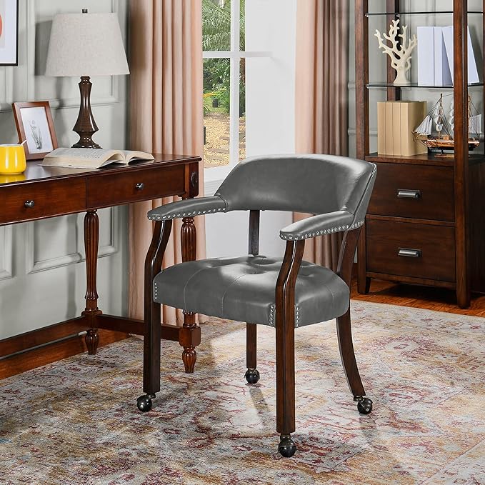 Dining Chairs with Casters and Arms, Rolling Dining Chairs with Wheels, Game Poker Table Chairs, Solid Wood Boss Caption's Chairs Office Desk Chairs, Espresso Legs & Dark Grey, XXY-1910-DG - LeafyLoom