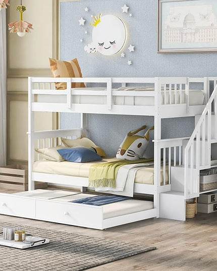 Twin Over Twin Bunk Bed with Stairs Storage and Trundle, Stairway Wooden 3 Bedframes in 1 with Safety Guardrails, for Kids Teens Adult Bedroom, White - LeafyLoom