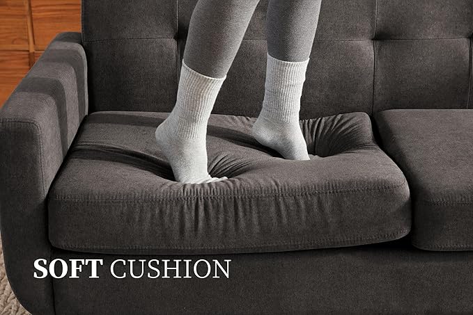 65" Loveseat Sofa, Mid Century Modern Love Seat Couches for Living Room, Comfy Upholstered Sofa Couch for Bedroom(Linen-Dark Grey) - LeafyLoom