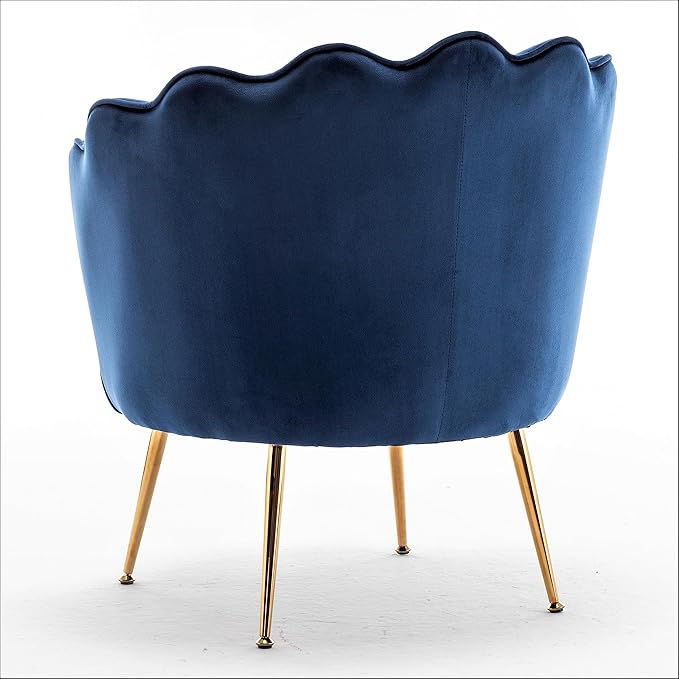 Velvet Barrel Accent Chair with Scalloped Silhouette and Gold Metal Legs, Decorative Piece Suitable for Traditional, Modern, and Contemporary Spaces, Navy Blue - LeafyLoom