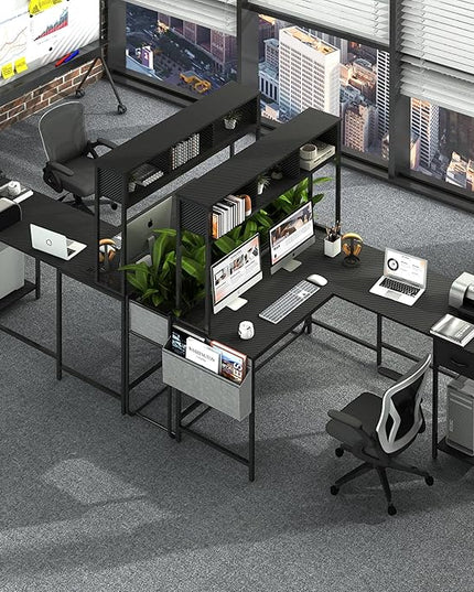 Yoobure L Shaped Desk Gaming Desk with LED Strip & Power Outlet, Reversible L-Shaped Computer Desk with Drawer, Corner Desk with Storage Shelf, 2 Person Home Office Desk, Carbon Fiber Black - LeafyLoom