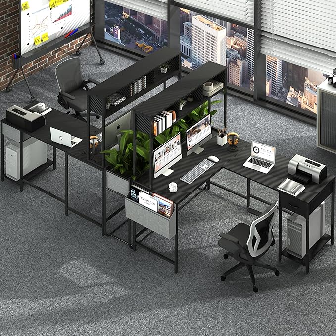 Yoobure L Shaped Desk Gaming Desk with LED Strip & Power Outlet, Reversible L-Shaped Computer Desk with Drawer, Corner Desk with Storage Shelf, 2 Person Home Office Desk, Carbon Fiber Black - LeafyLoom