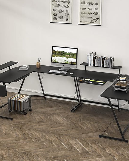 SHW Vista L-Shape Desk with Monitor Stand, Black - LeafyLoom